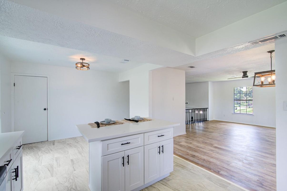 Interior, Kitchen, Marble, Pendant Lights, Wood Texture Flooring