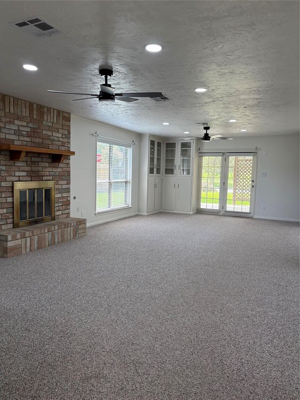 Empty room, Fireplace, Interior, Recessed Lighting, Stone Walls