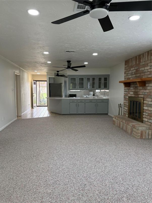 Empty room, Fireplace, Interior, Kitchen, Recessed Lighting, Stone Walls