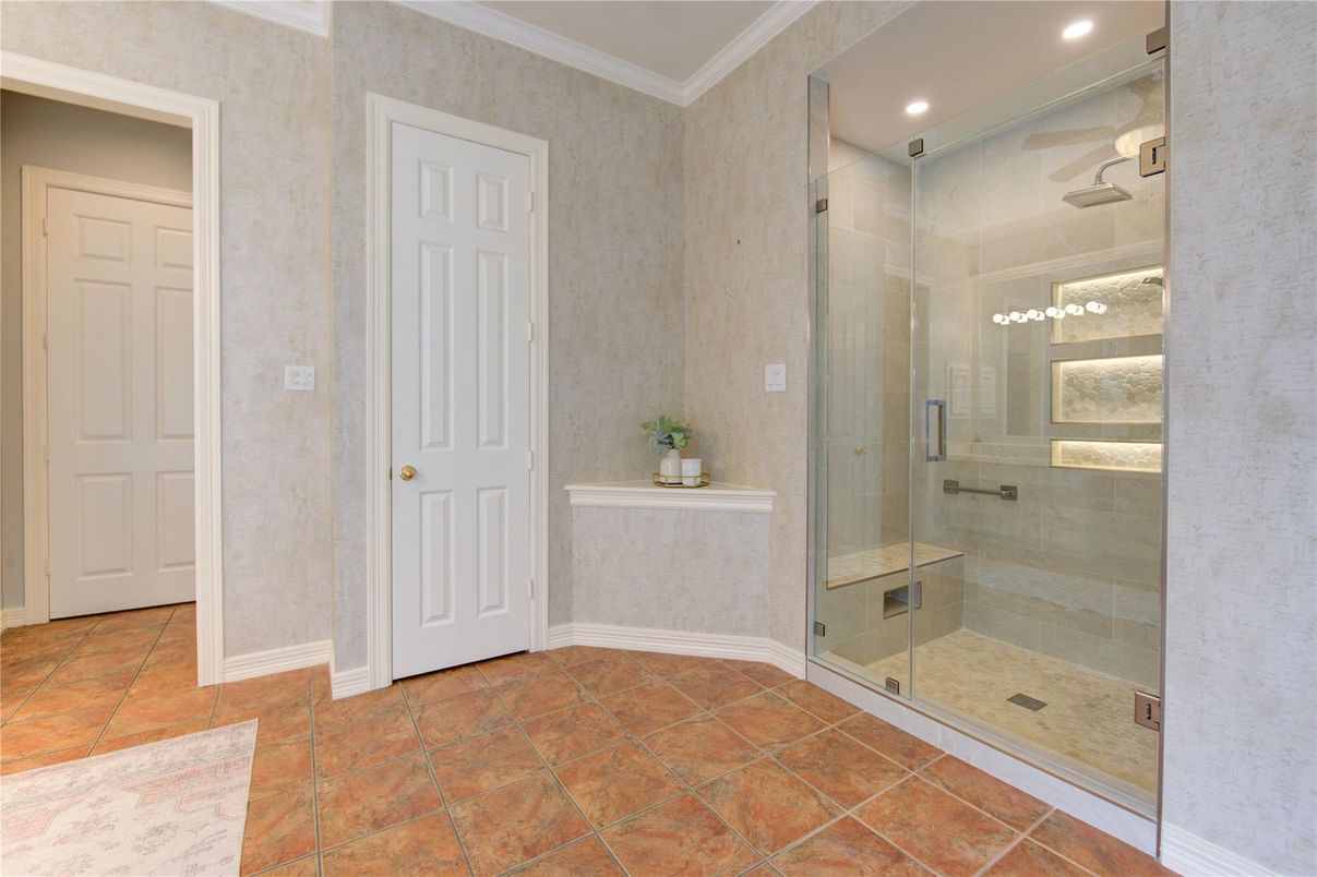 Bathroom, Glass Shower, Interior, Recessed Lighting