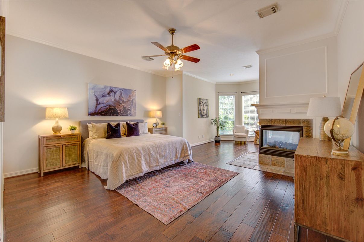 Bedroom, Fireplace, Interior, Wood Texture Flooring