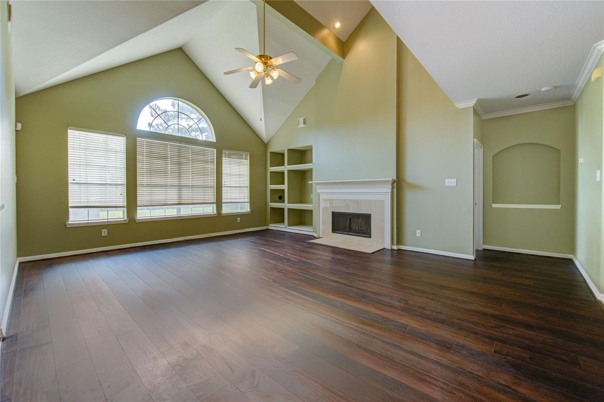 Empty room, Fireplace, Interior, Recessed Lighting, Wood Texture Flooring