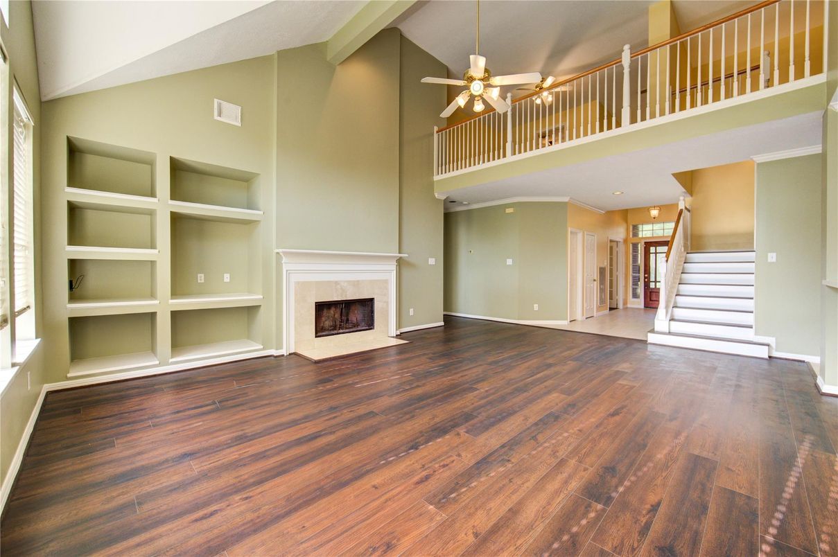 Fireplace, Interior, Recessed Lighting, Wood Texture Flooring