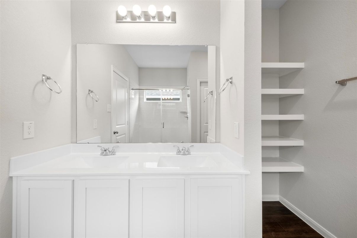 Bathroom, Dual Sink Vanities, Interior, Wood Texture Flooring