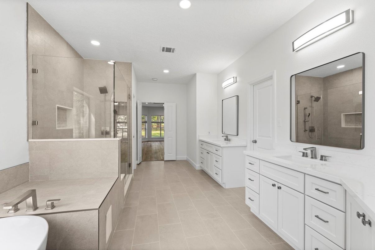 Bathroom, Dual Sink Vanities, Glass Shower, Interior, Recessed Lighting