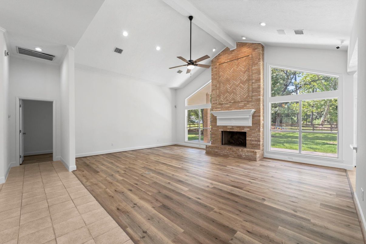 Empty room, Fireplace, Interior, Recessed Lighting, Wood Texture Flooring