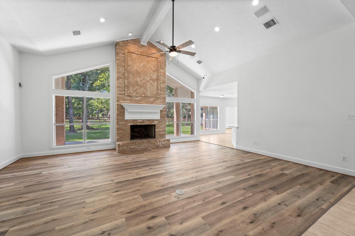 Empty room, Fireplace, Interior, Recessed Lighting, Wood Texture Flooring