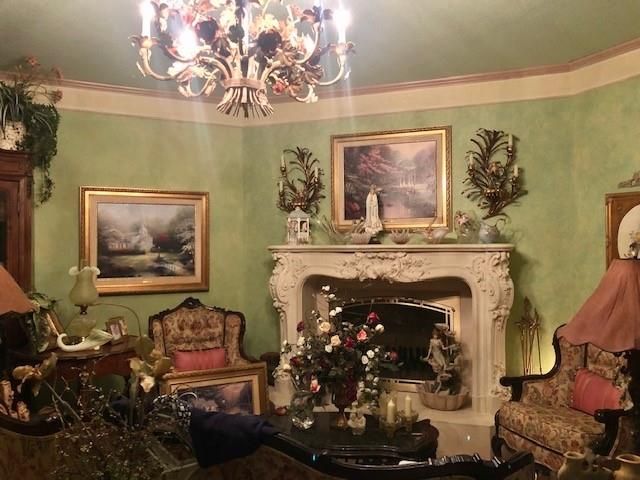 Chandelier, Fireplace, Interior