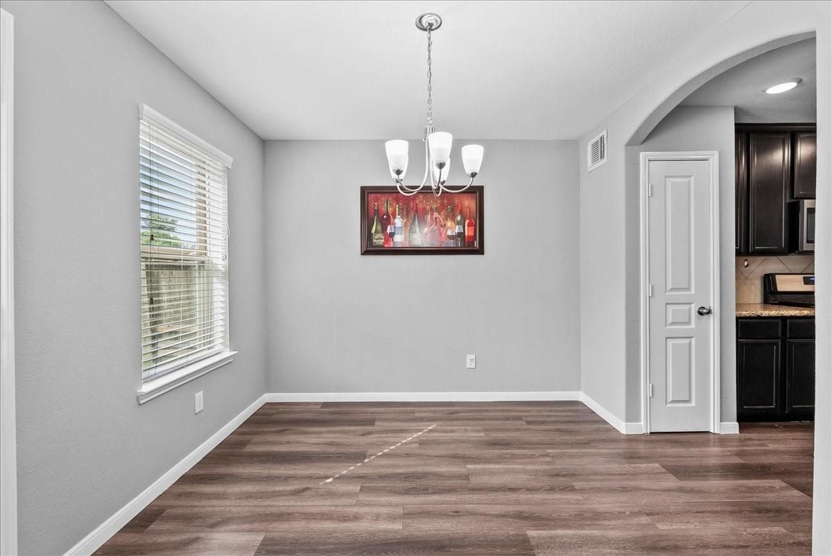 Chandelier, Empty room, Interior, Pendant Lights, Recessed Lighting, Wood Texture Flooring