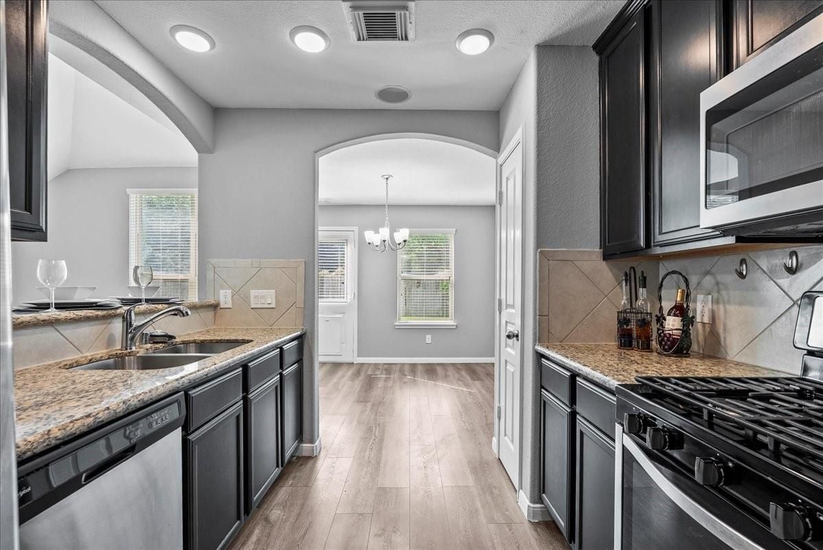 Chandelier, Interior, Kitchen, Recessed Lighting, Wood Texture Flooring