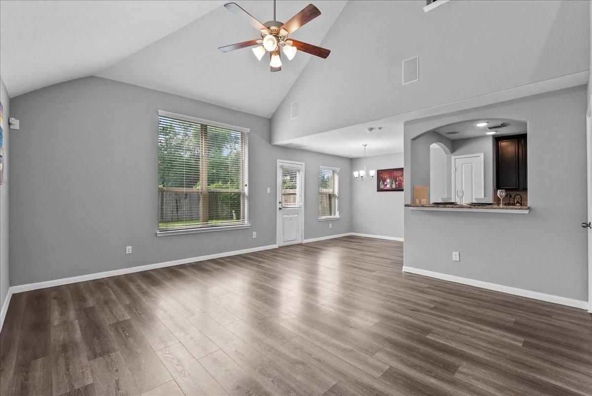 Chandelier, Empty room, Interior, Pendant Lights, Wood Texture Flooring