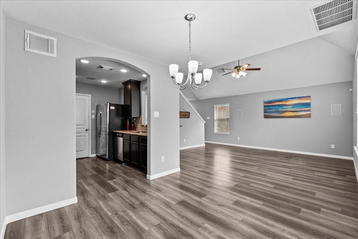 Chandelier, Empty room, Interior, Kitchen, Recessed Lighting, Wood Texture Flooring