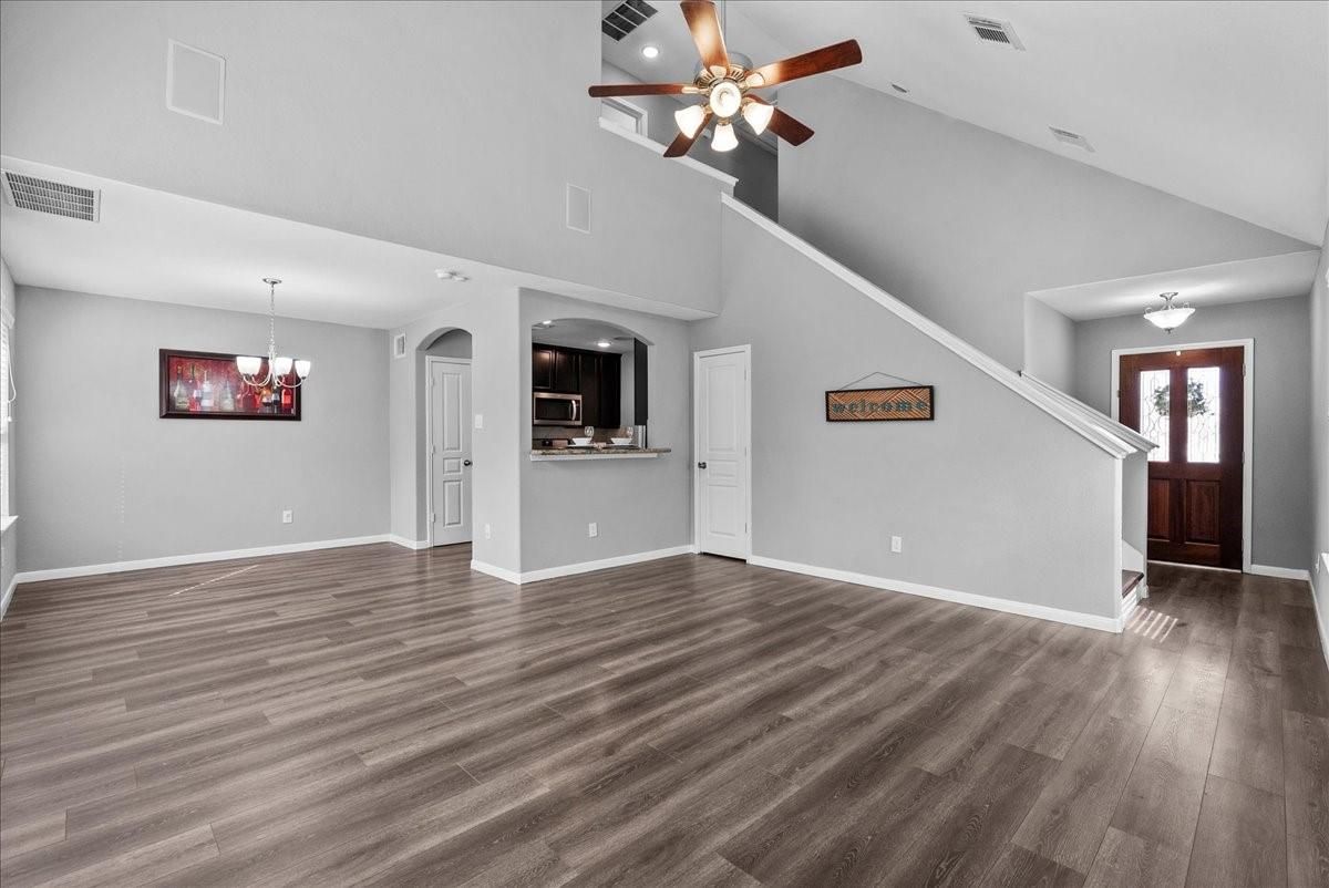 Chandelier, Empty room, Interior, Recessed Lighting, Wood Texture Flooring