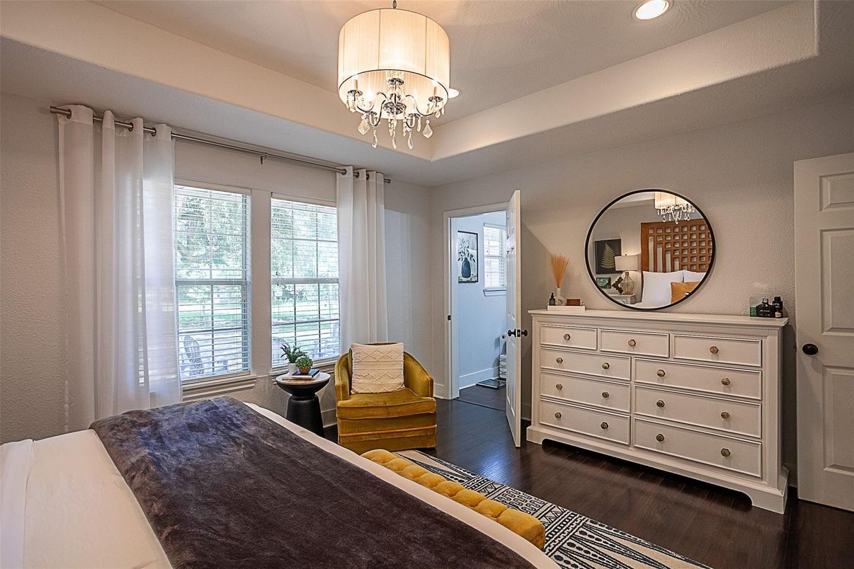 Bedroom, Chandelier, Interior, Recessed Lighting, Wood Texture Flooring