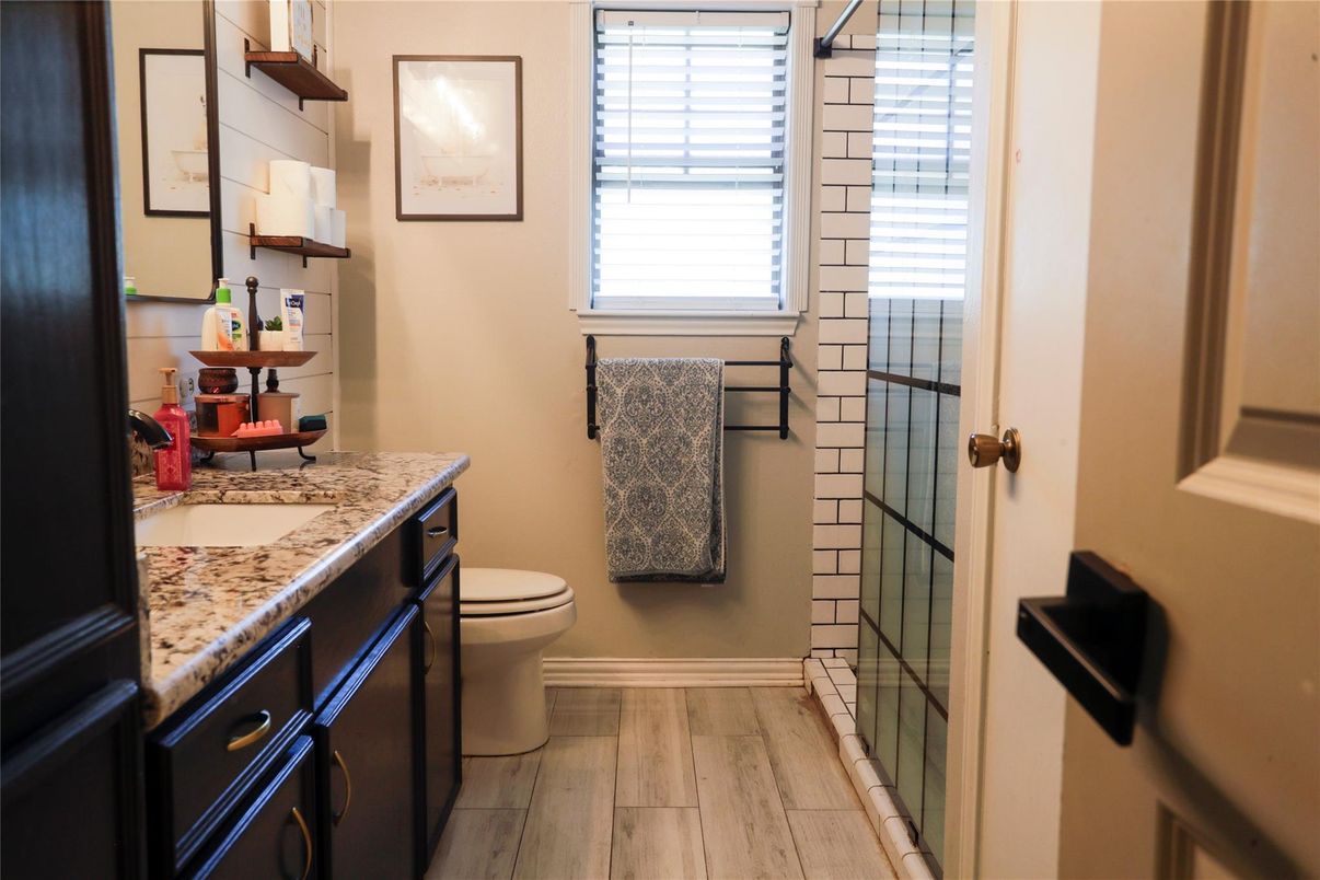 Bathroom, Glass Shower, Interior, Wood Texture Flooring