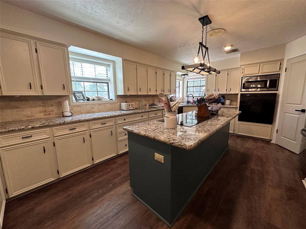 Chandelier, Interior, Kitchen, Pendant Lights, Stainless Steel Appliances, Wood Texture Flooring