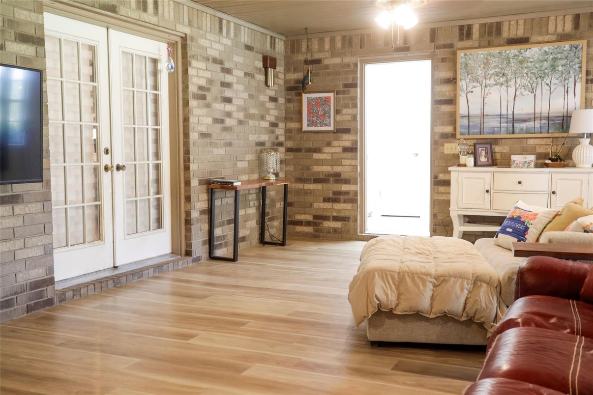 Bedroom, Interior, Stone Walls, Wood Texture Flooring