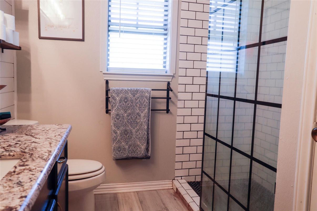 Bathroom, Glass Shower, Interior, Wood Texture Flooring