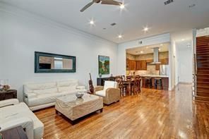 Dining room, Interior, Kitchen, Living room, Recessed Lighting, Wood Texture Flooring