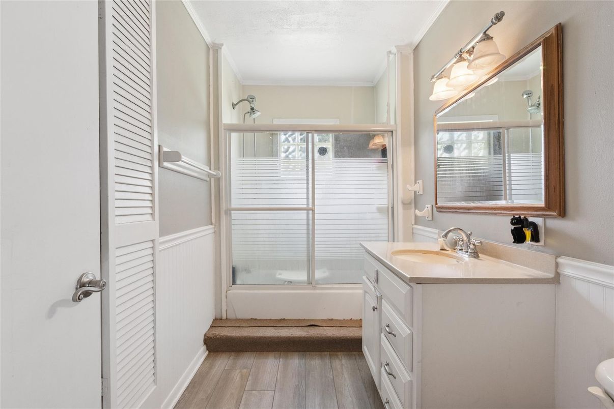 Bathroom, Glass Shower, Interior, Wood Texture Flooring