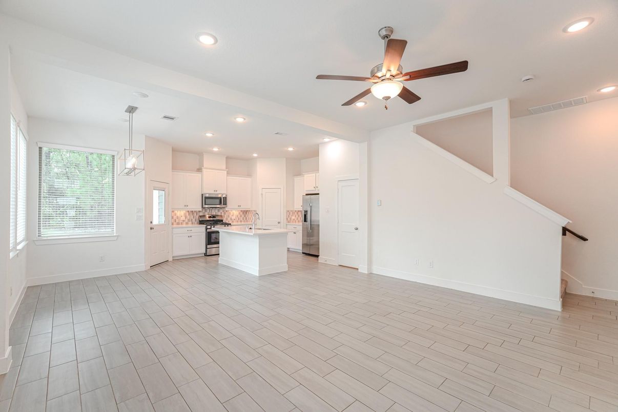 Empty room, Interior, Kitchen, Pendant Lights, Recessed Lighting, Wood Texture Flooring