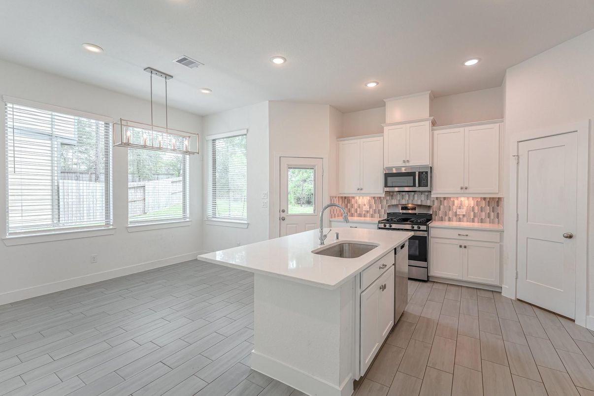 Interior, Kitchen, Pendant Lights, Recessed Lighting, Wood Texture Flooring
