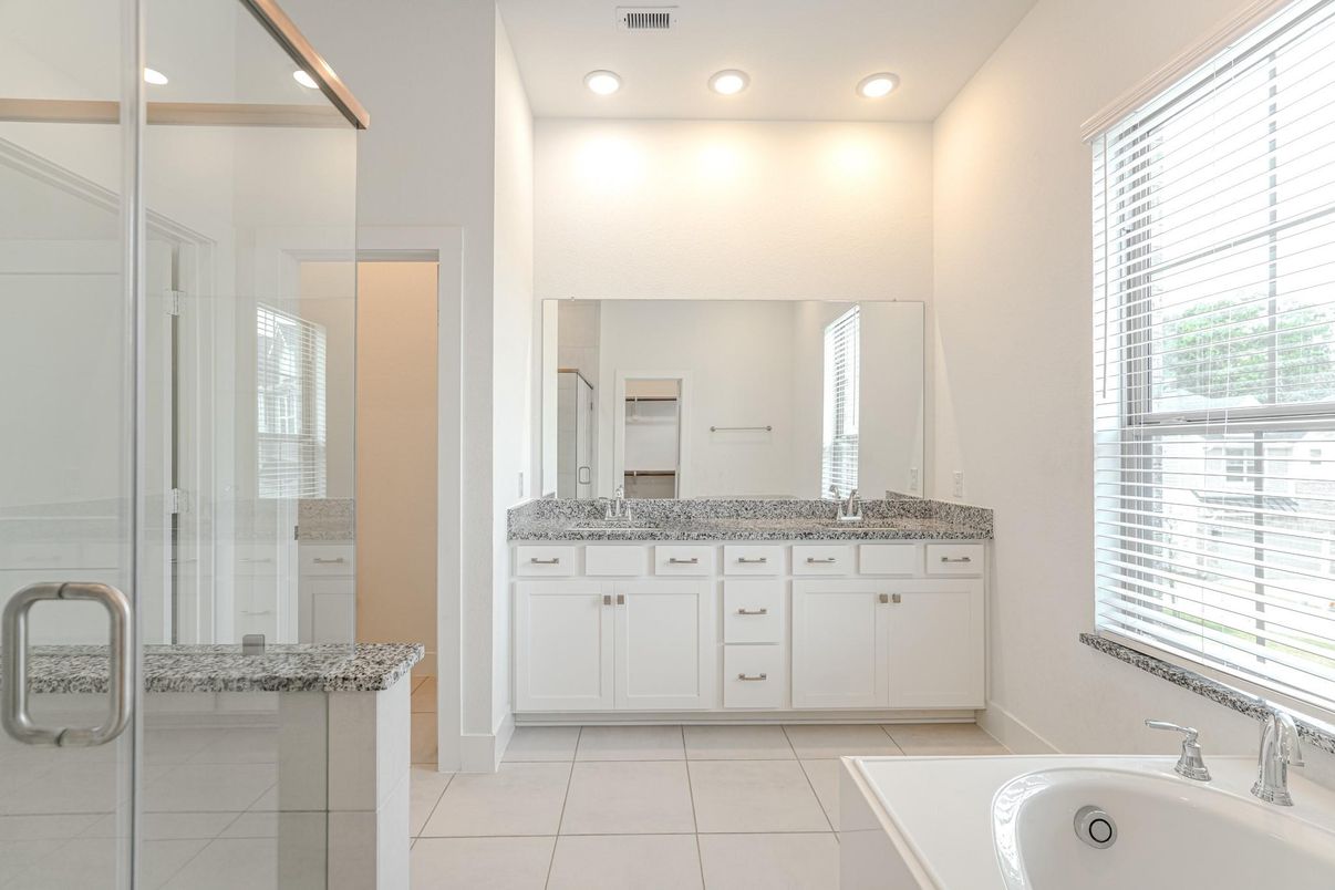 Bathroom, Dual Sink Vanities, Glass Shower, Interior, Recessed Lighting