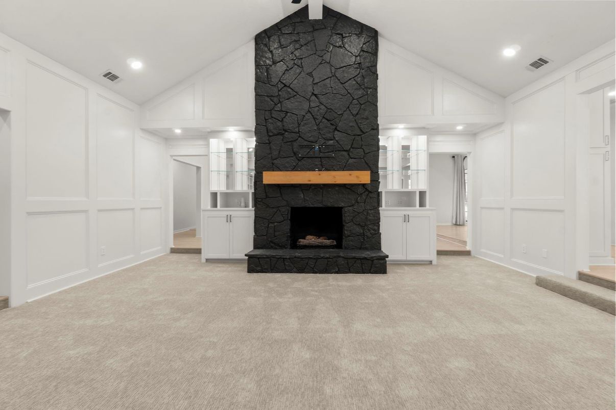 Empty room, Fireplace, Interior, Recessed Lighting, Stone Walls