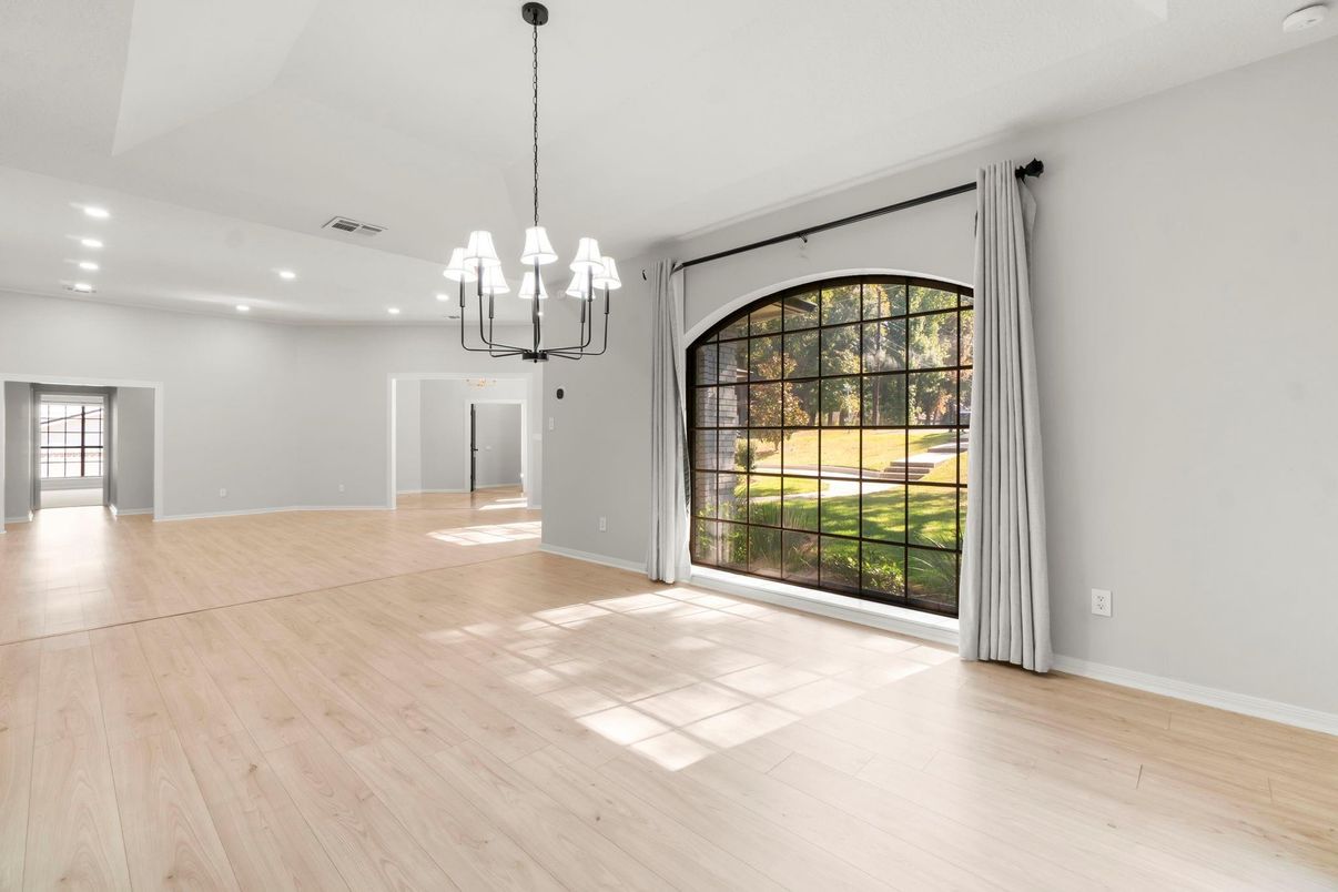 Empty room, Interior, Pendant Lights, Recessed Lighting, Wood Texture Flooring