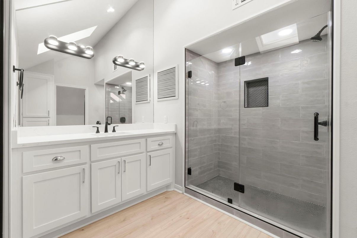 Bathroom, Glass Shower, Interior, Recessed Lighting, Wood Texture Flooring