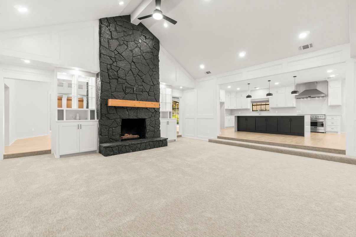 Empty room, Fireplace, Interior, Kitchen, Pendant Lights, Recessed Lighting, Stone Walls