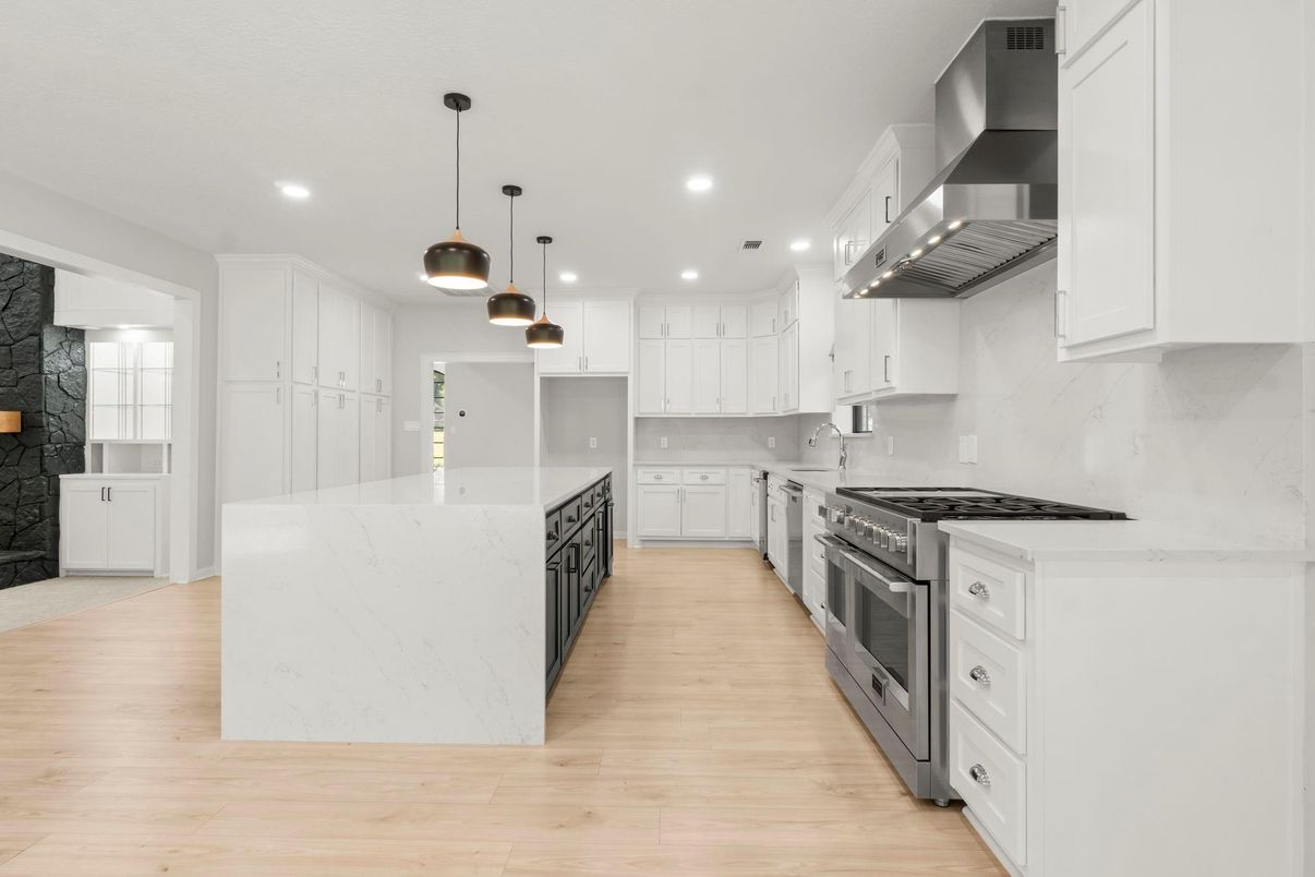 Interior, Kitchen, Pendant Lights, Recessed Lighting, Stainless Steel Appliances, Wood Texture Flooring