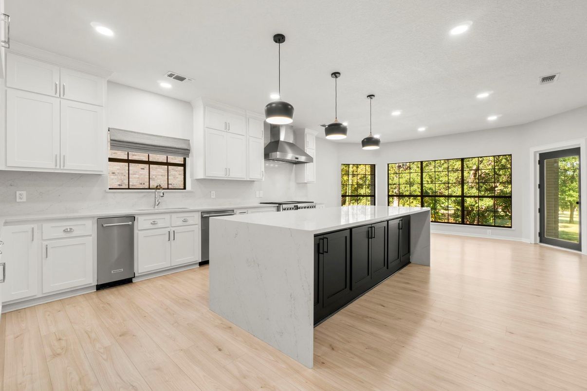 Interior, Kitchen, Pendant Lights, Recessed Lighting, Stainless Steel Appliances, Wood Texture Flooring