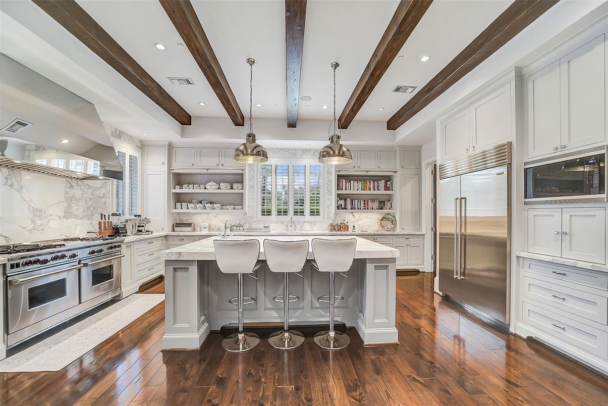 Interior, Kitchen, Marble Walls, Pendant Lights, Recessed Lighting, Stainless Steel Appliances, Wooden Beams, Wood Texture Flooring