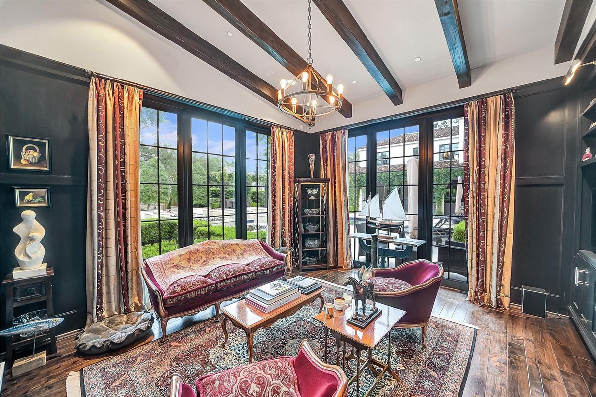 Chandelier, Interior, Living room, Recessed Lighting, Wooden Beams, Wood Texture Flooring