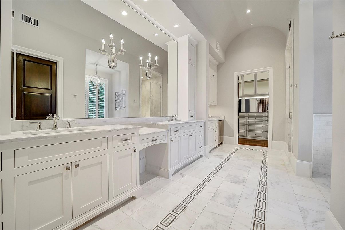 Bathroom, Dual Sink Vanities, Interior, Marble, Recessed Lighting
