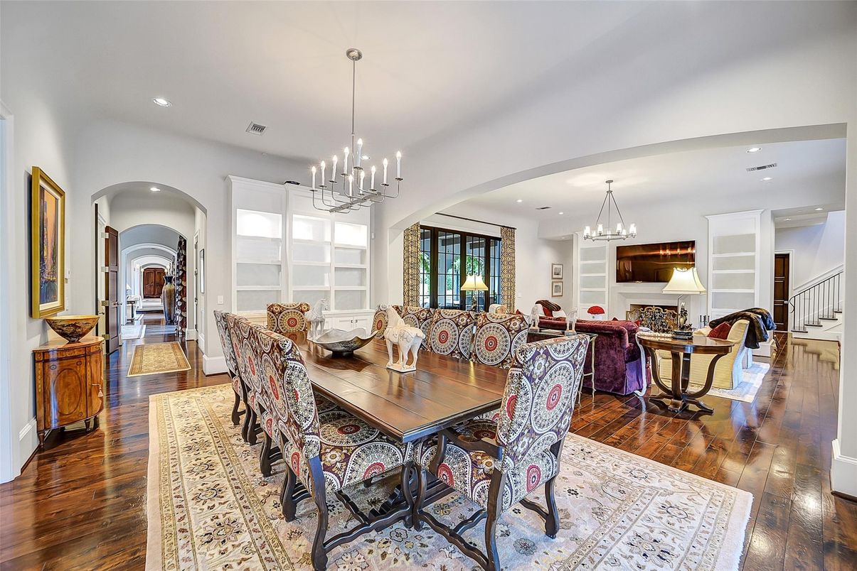 Chandelier, Dining room, Interior, Living room, Pendant Lights, Recessed Lighting, Wood Texture Flooring