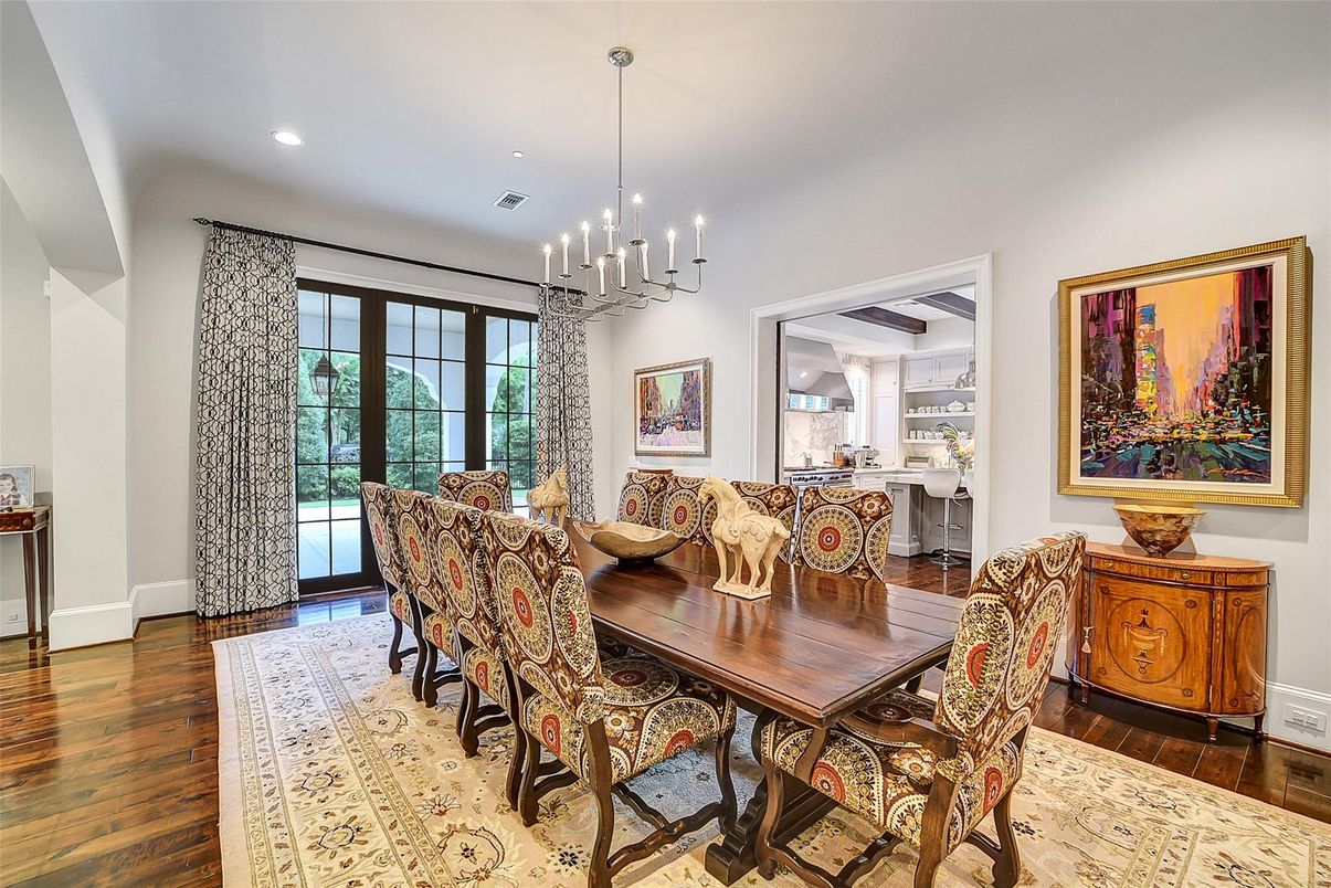 Dining room, Interior, Pendant Lights, Recessed Lighting, Wood Texture Flooring