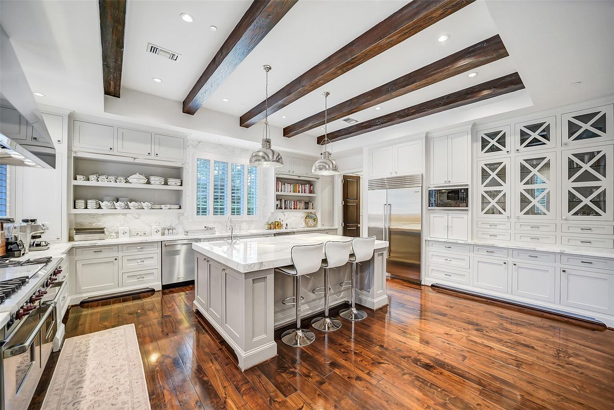 Interior, Kitchen, Pendant Lights, Recessed Lighting, Stainless Steel Appliances, Wooden Beams, Wood Texture Flooring
