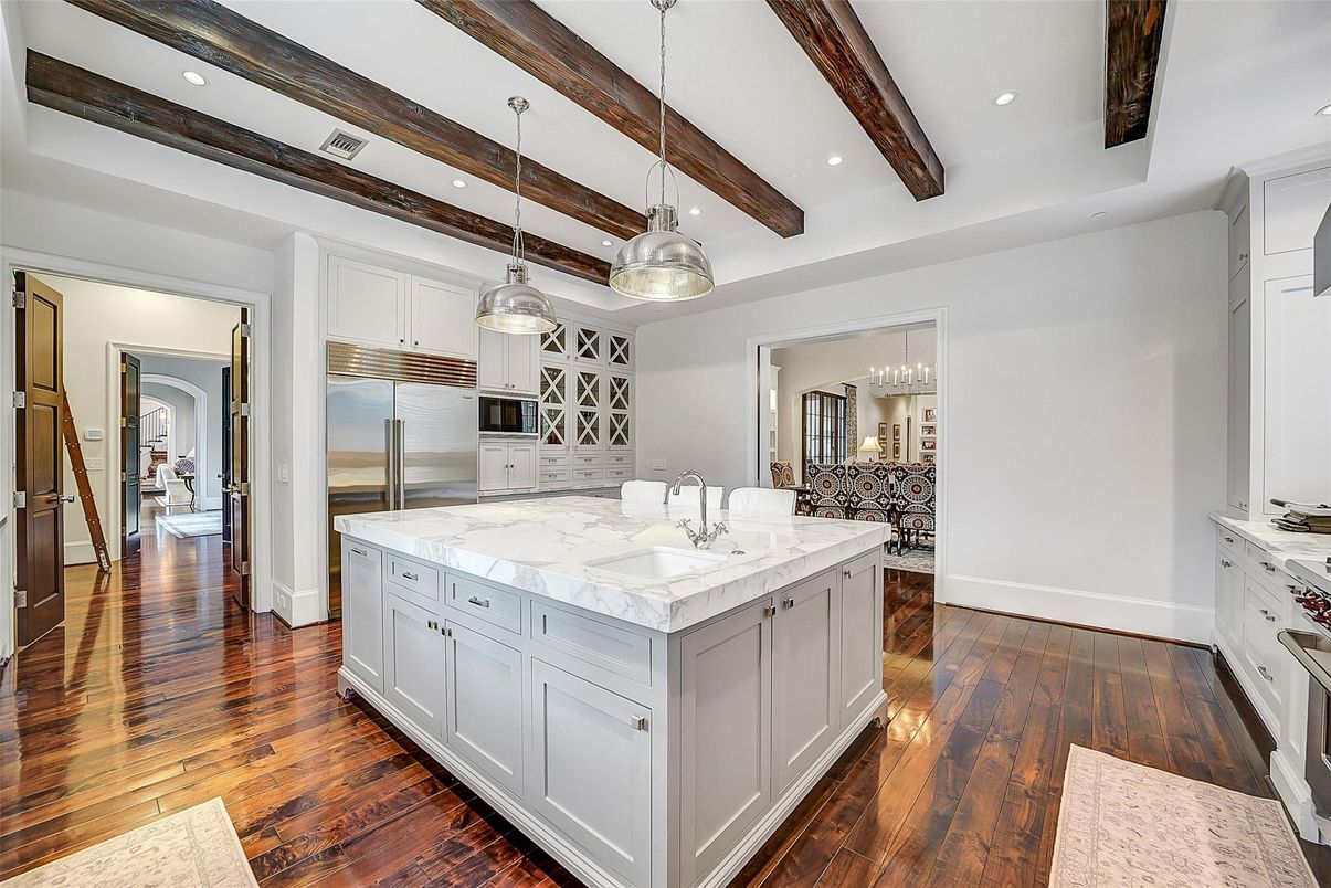 Chandelier, Interior, Kitchen, Pendant Lights, Recessed Lighting, Stainless Steel Appliances, Wooden Beams, Wood Texture Flooring