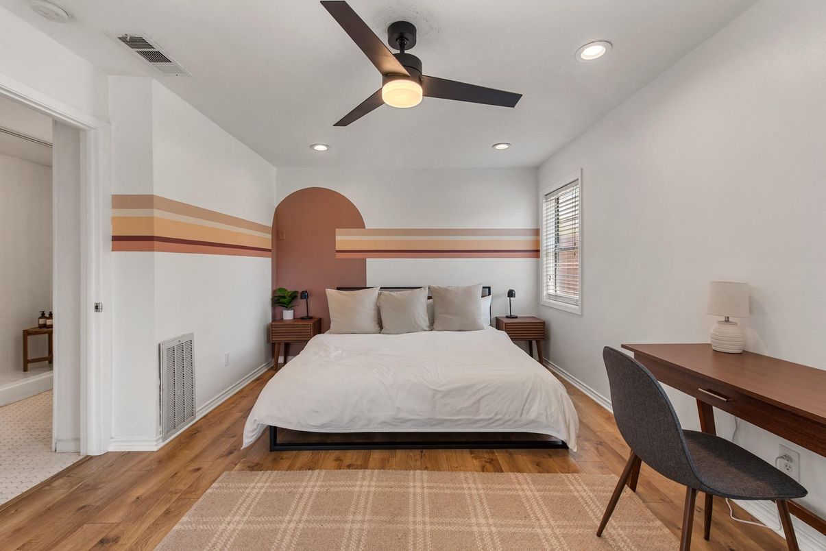 Bedroom, Interior, Recessed Lighting, Wood Texture Flooring