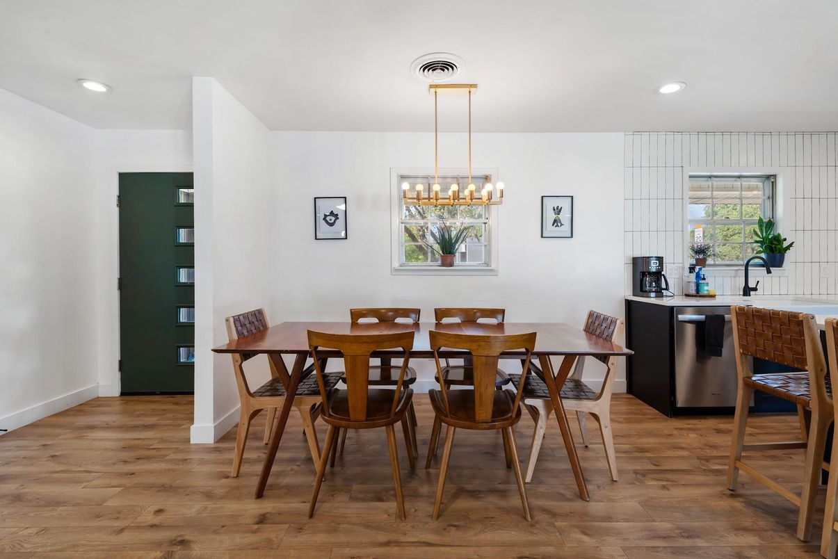 Dining room, Interior, Pendant Lights, Recessed Lighting, Wood Texture Flooring