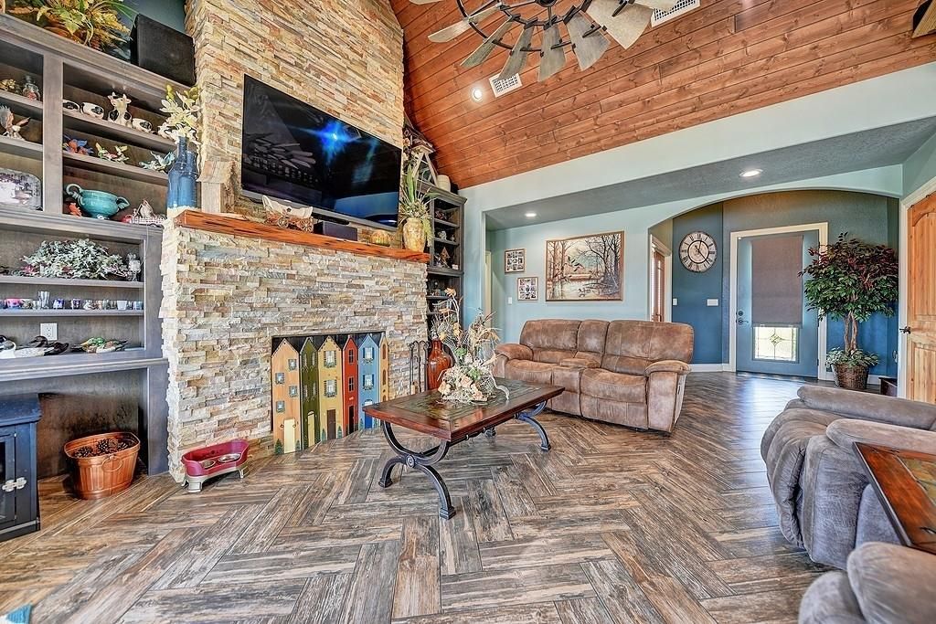 Fireplace, Interior, Living room, Recessed Lighting, Stone Walls, Wooden Ceilings, Wood Texture Flooring