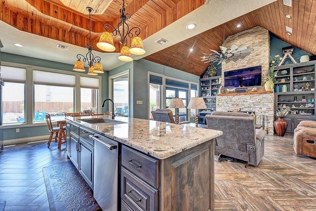 Dining room, Fireplace, Interior, Kitchen, Pendant Lights, Recessed Lighting, Stone Walls, Wooden Beams, Wooden Ceilings, Wood Texture Flooring