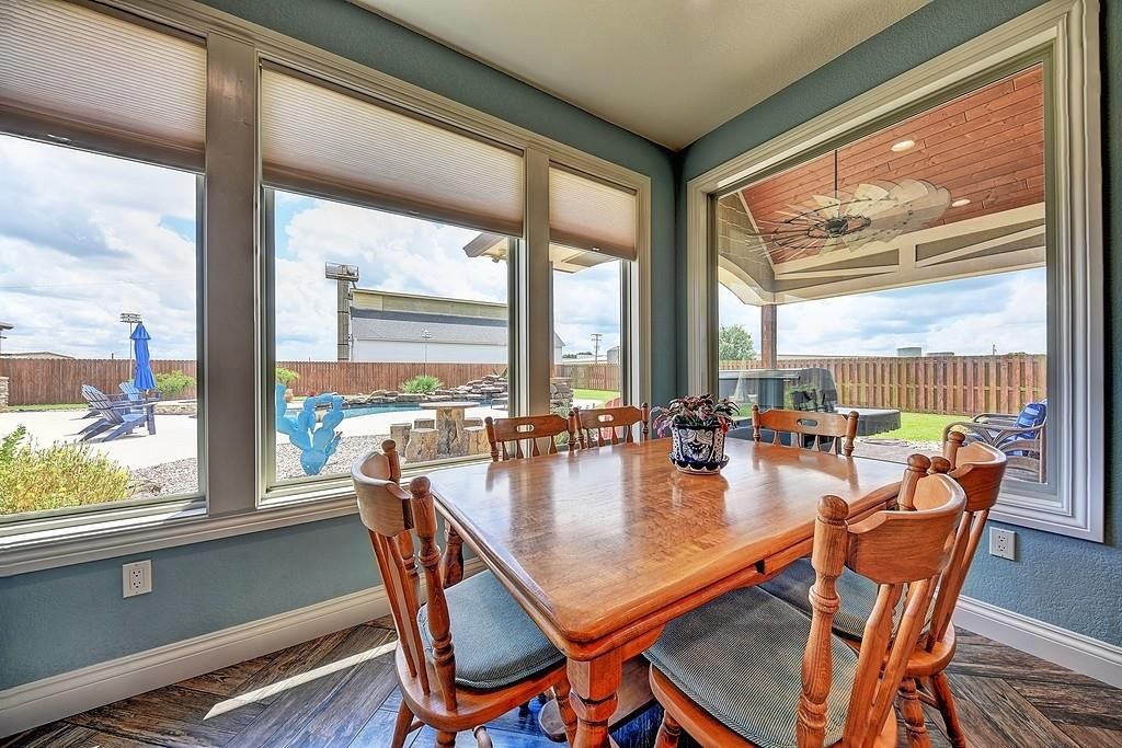 Dining room, Interior, Recessed Lighting, Sun Room, Wood Texture Flooring