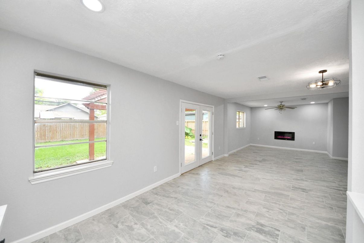 Empty room, Fireplace, Interior, Recessed Lighting, Wood Texture Flooring