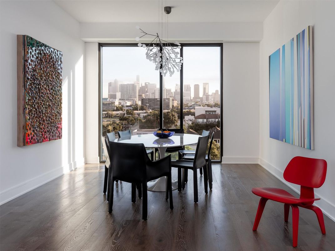 Dining room, Interior, Pendant Lights, Wood Texture Flooring