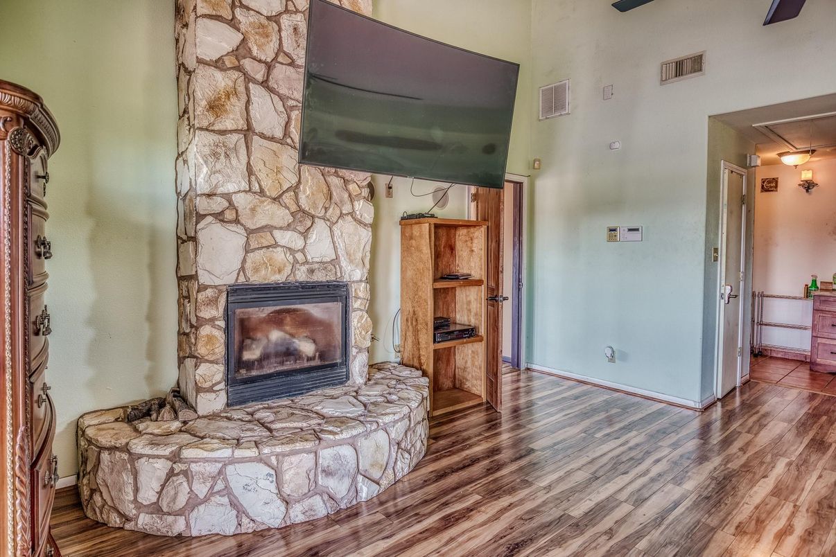 Fireplace, Interior, Stone Walls, Wood Texture Flooring