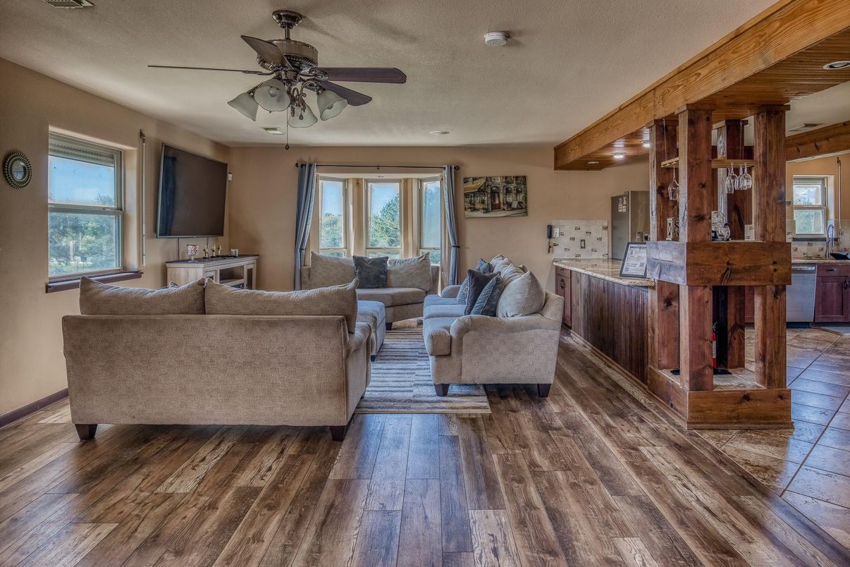 Interior, Living room, Recessed Lighting, Wooden Beams, Wood Texture Flooring