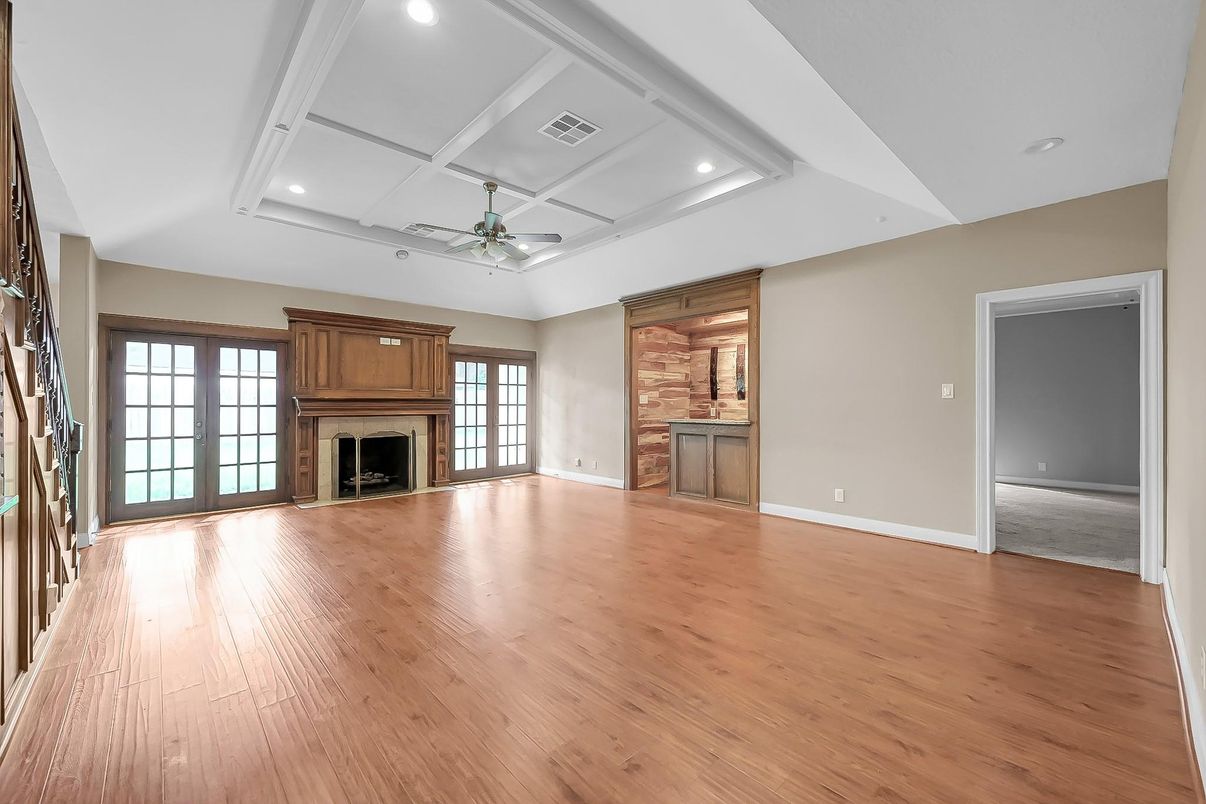 Empty room, Fireplace, Interior, Recessed Lighting, Wood Texture Flooring